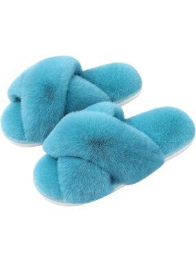 Women's Turquoise Fuzzy Cross Band Memory Foam House Open Toe Soft Slipper Shoes